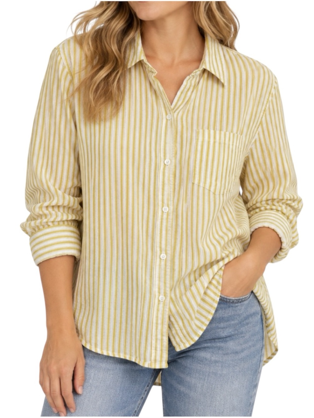 GAP Womens XL Yellow White Striped Cotton Button Down Shirt Relaxed Coastal